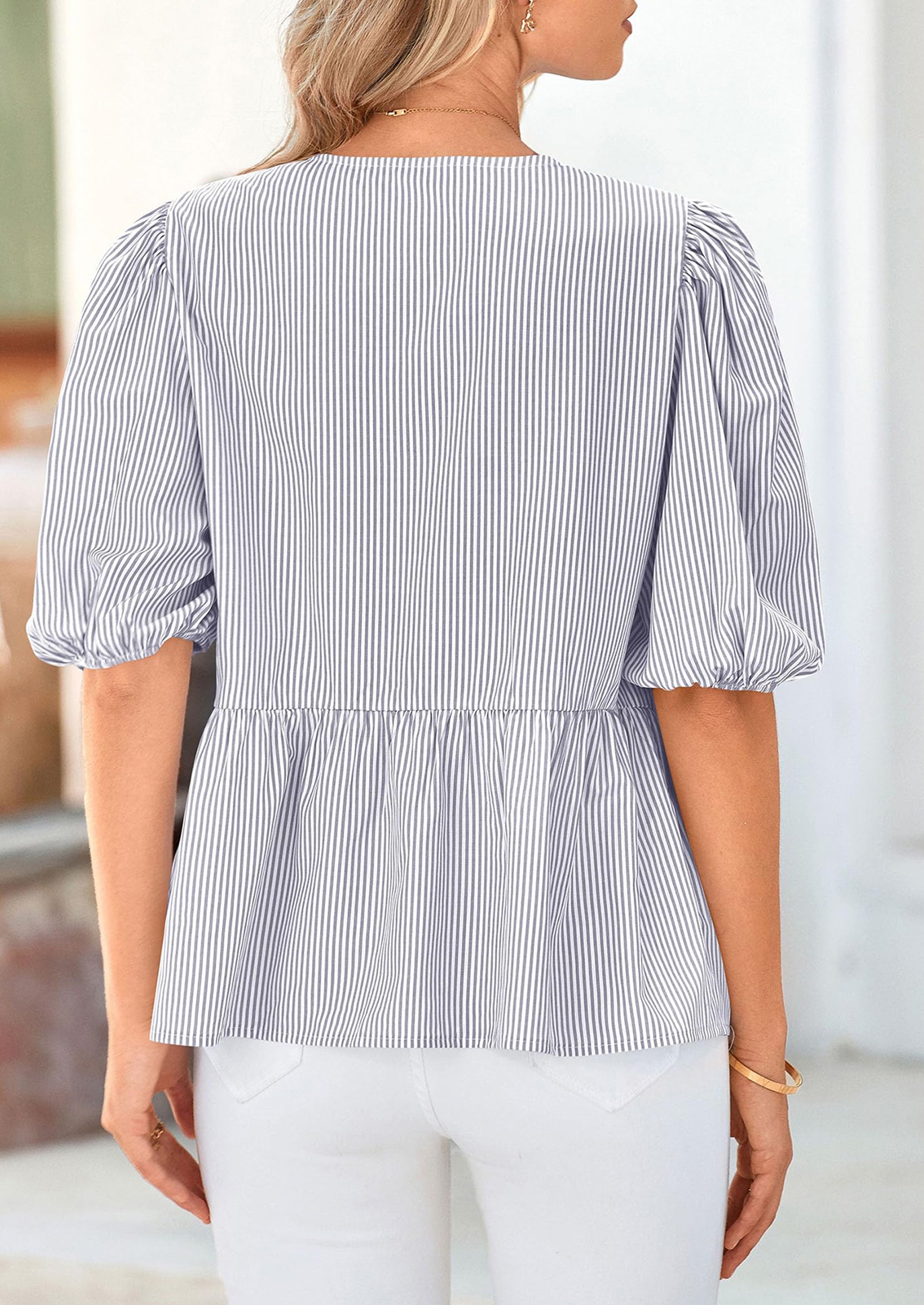 PRETTYGARDEN Women's Tie Front Striped Shirt Summer Trendy Fashion Cute Babydoll Tops Peplum Puffy Sleeve Blouse