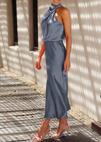 PRETTYGARDEN Women's Summer Satin Dress Elegant Sleeveless Mock Neck Cocktail Party Maxi Dresses