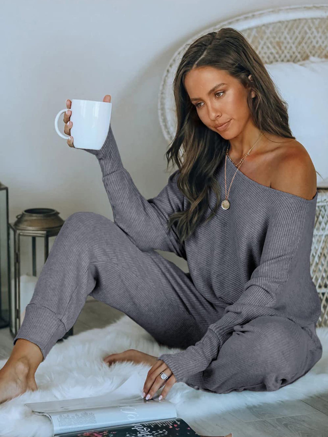 PRETTYGARDEN Women's 2 Piece Ribbed Tracksuit Outfits Off Shoulder Long Sleeve Pullover Lounge Pants with Pockets