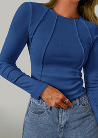 KIRUNDO Ribbed Long Sleeve Tops for Women Stretch Slim Basic Crop Tee Exposed Seams Spring Fall Fashion Trendy Tshirt