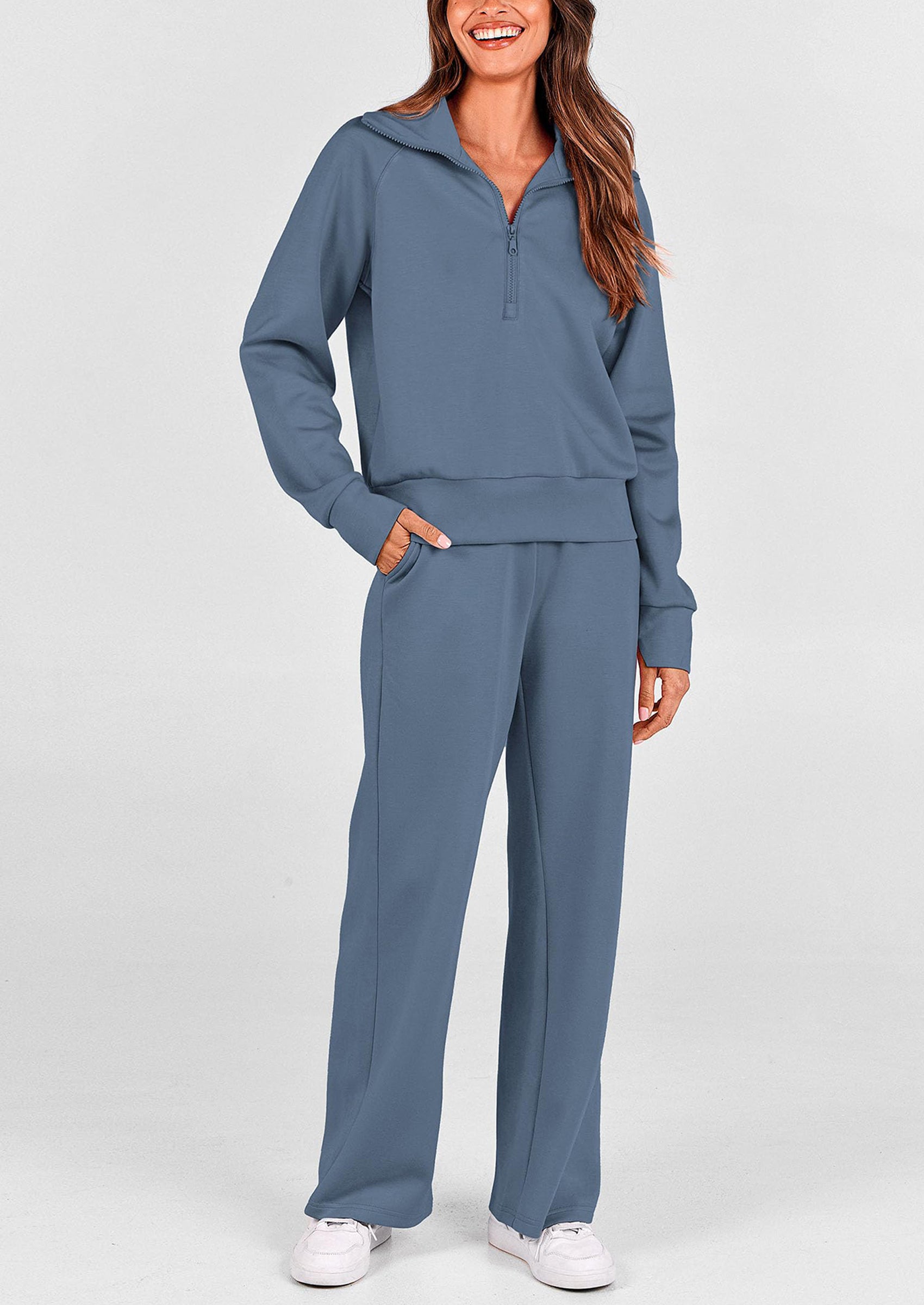 PRETTYGARDEN Women's 2 Piece Outfits Casual Lapel Half Zip Sweatshirts And Wide Leg Pants Tracksuit Sets