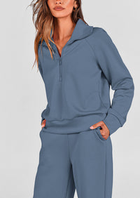 PRETTYGARDEN Women's 2 Piece Outfits Casual Lapel Half Zip Sweatshirts And Wide Leg Pants Tracksuit Sets