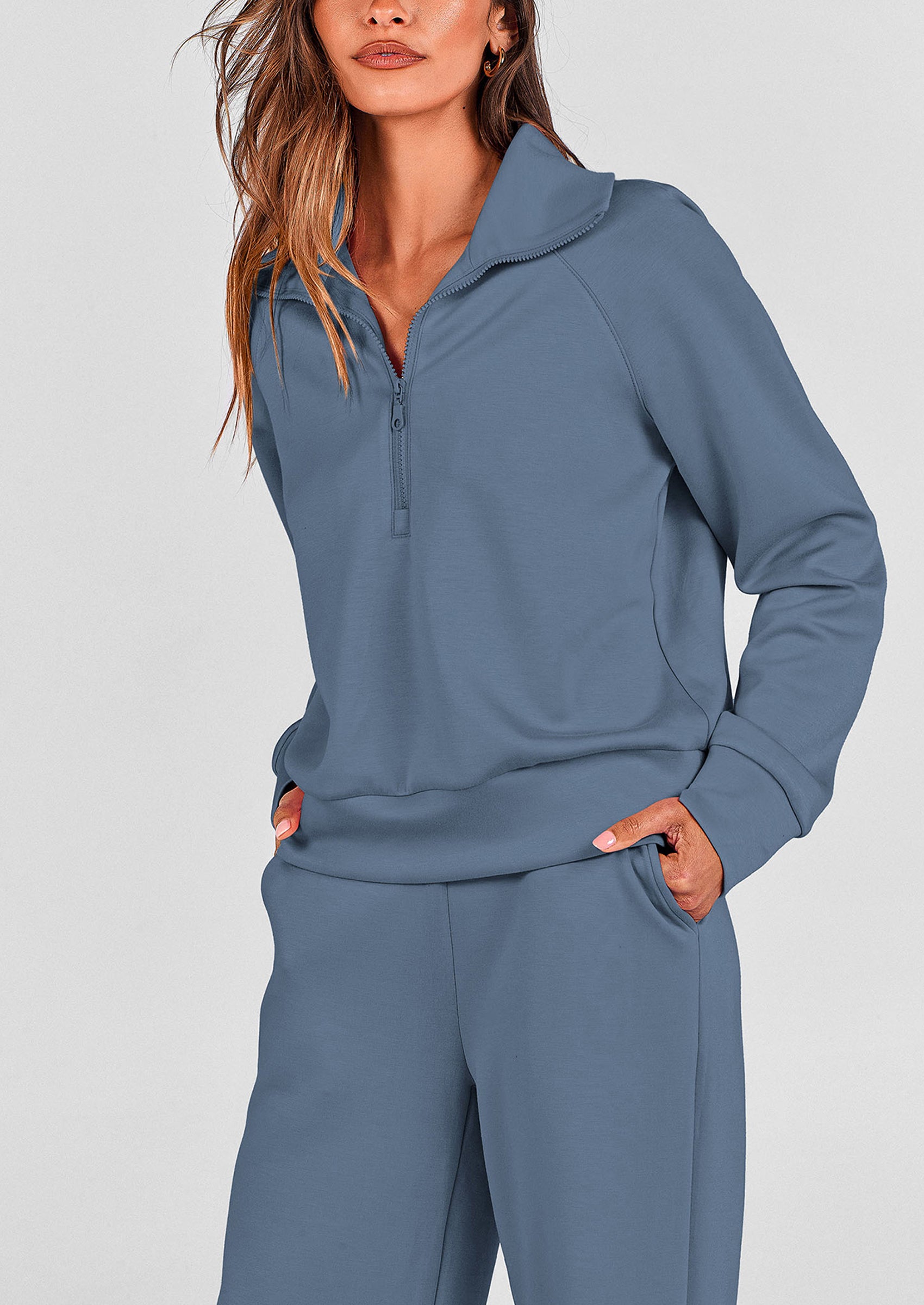 PRETTYGARDEN Women's 2 Piece Outfits Casual Lapel Half Zip Sweatshirts And Wide Leg Pants Tracksuit Sets