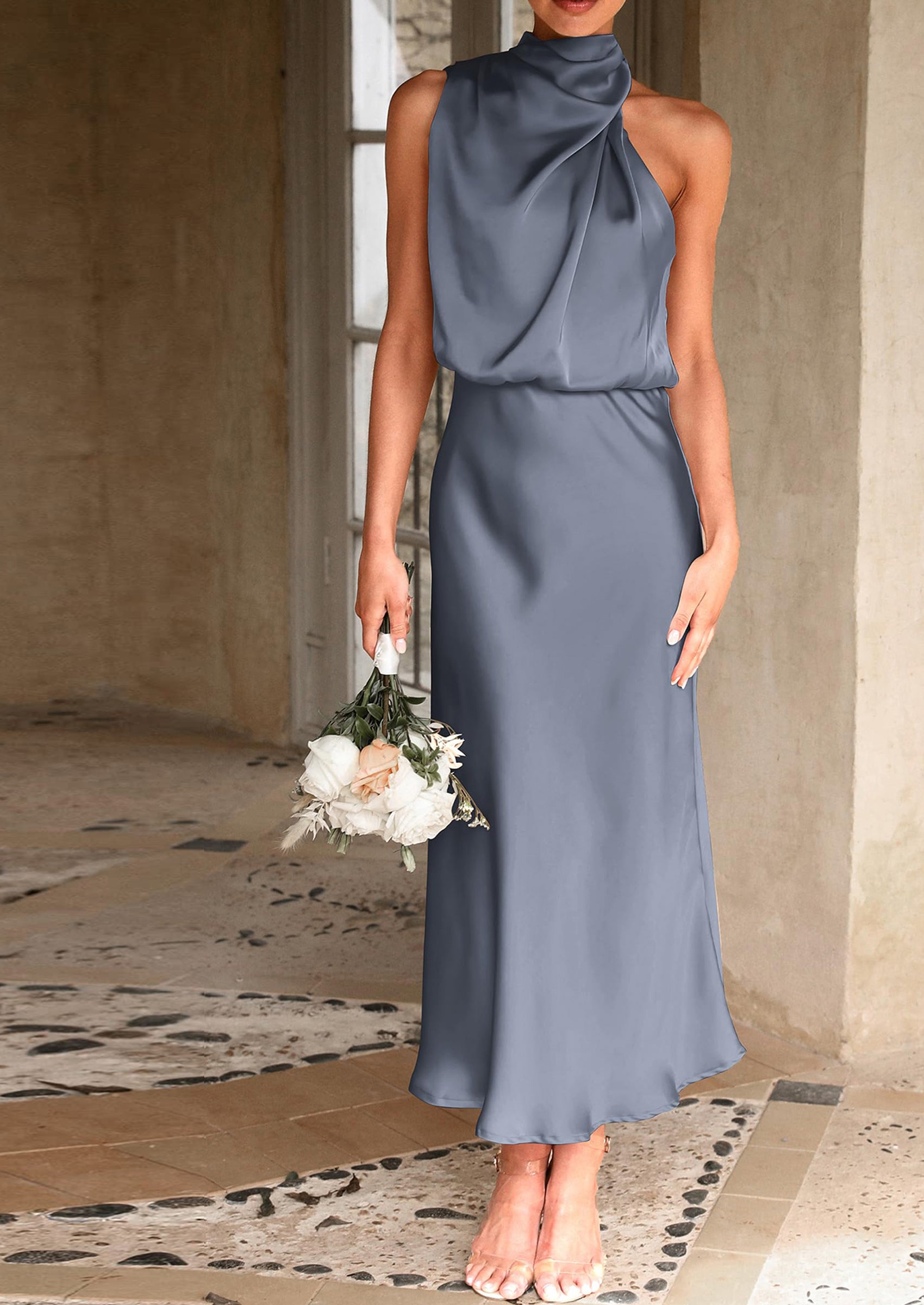 PRETTYGARDEN Women's Summer Satin Dress Elegant Sleeveless Mock Neck Cocktail Party Maxi Dresses