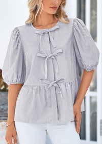 PRETTYGARDEN Women's Tie Front Striped Shirt Summer Trendy Fashion Cute Babydoll Tops Peplum Puffy Sleeve Blouse