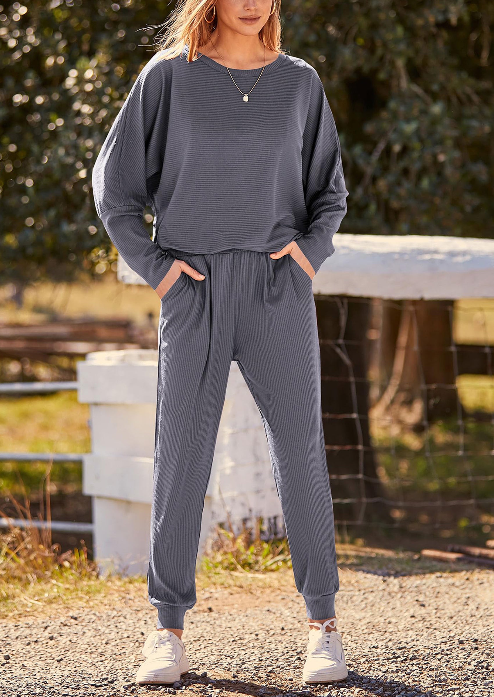 PRETTYGARDEN Women's Fall 2 Piece Lounge Set Long Sleeve Tops Ribbed Pants Spring Matching Sweatsuit Travel Outfits Clothes