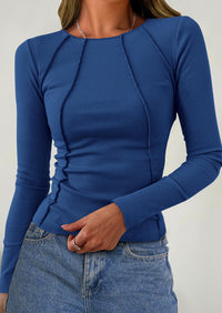 KIRUNDO Ribbed Long Sleeve Tops for Women Stretch Slim Basic Crop Tee Exposed Seams Spring Fall Fashion Trendy Tshirt