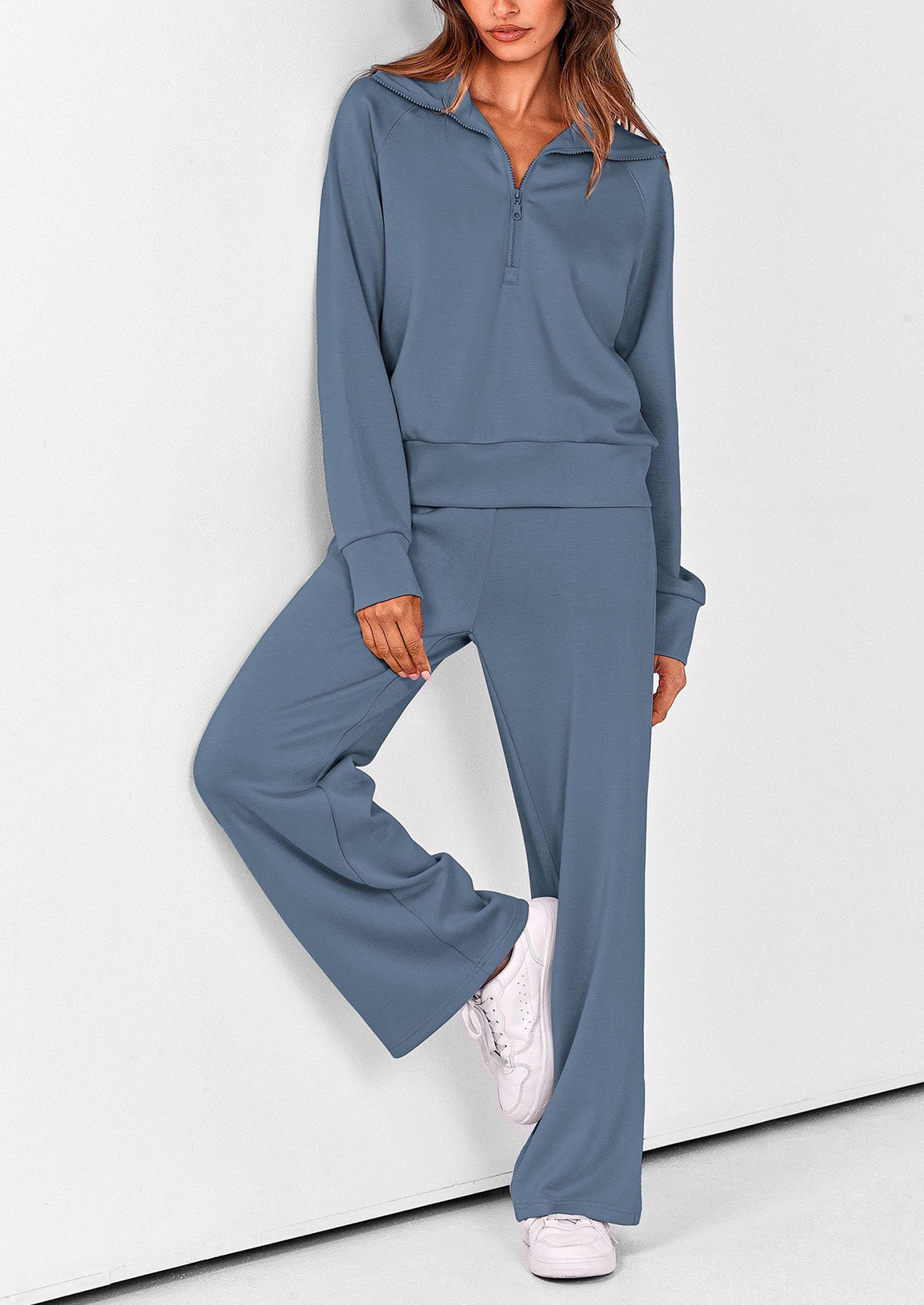 PRETTYGARDEN Women's 2 Piece Outfits Casual Lapel Half Zip Sweatshirts And Wide Leg Pants Tracksuit Sets