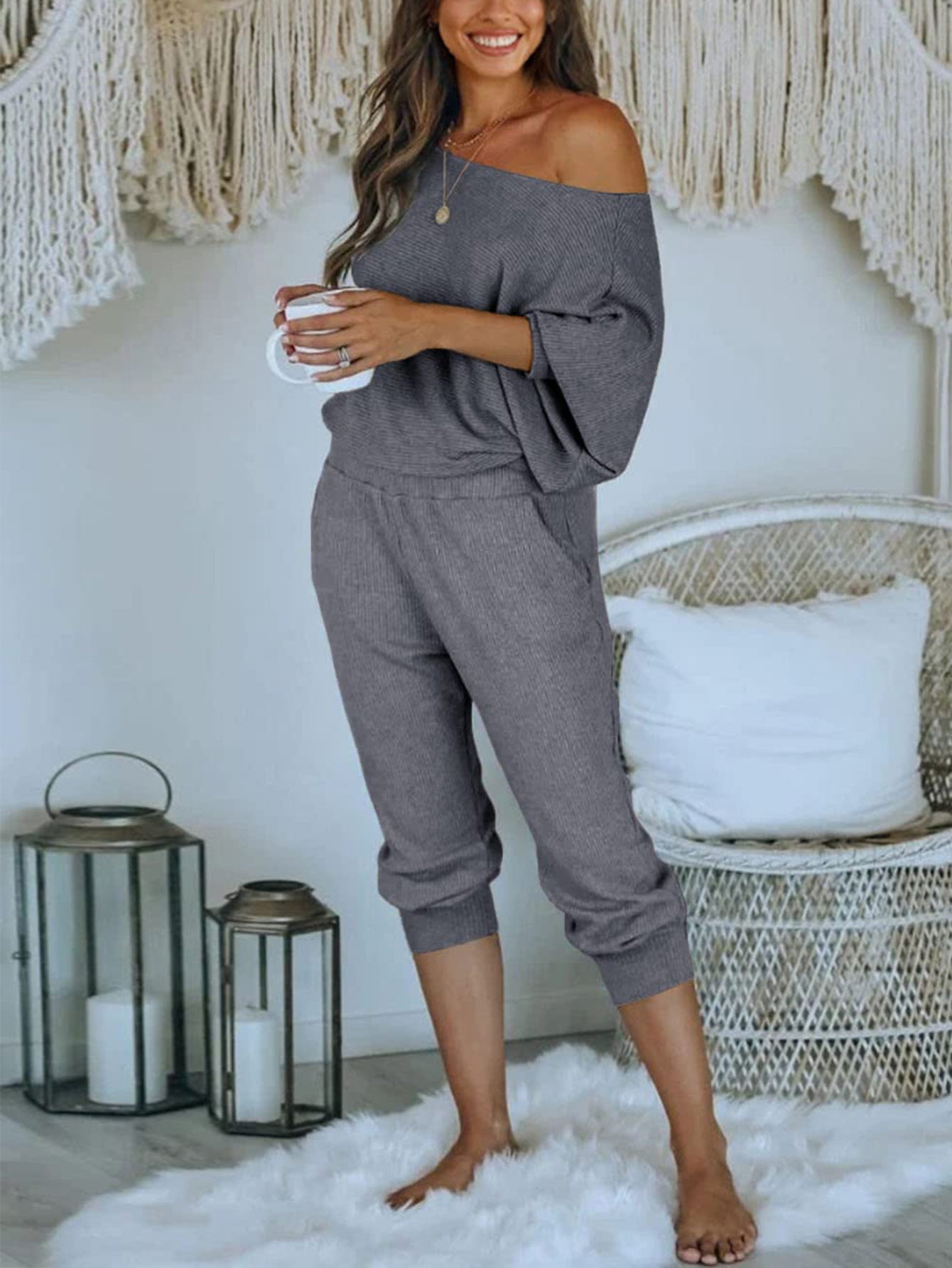 PRETTYGARDEN Women's 2 Piece Ribbed Tracksuit Outfits Off Shoulder Long Sleeve Pullover Lounge Pants with Pockets