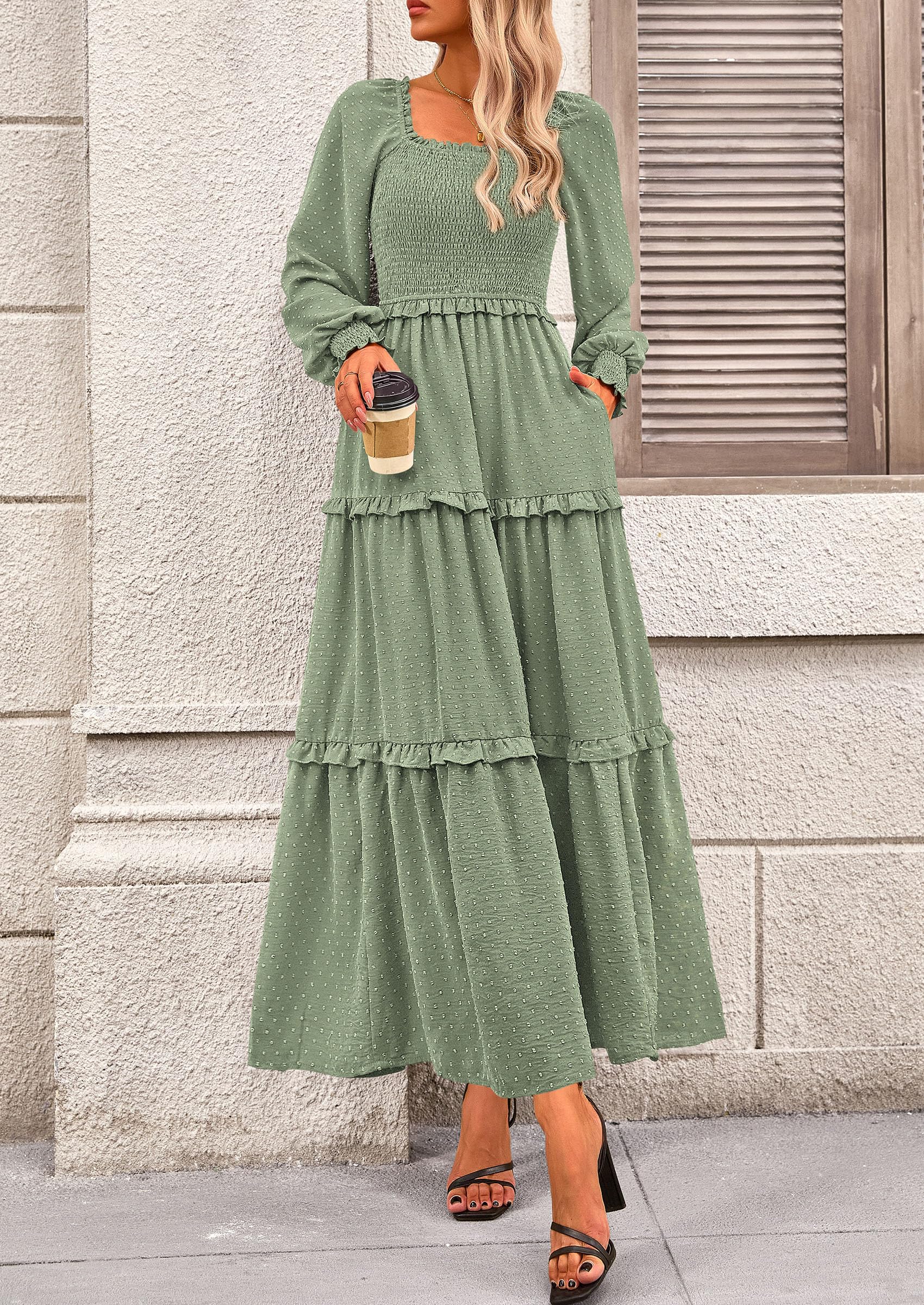 PRETTYGARDEN Women Fall Long Sleeve Smocked Maxi Dress Casual Square Neck Swiss Dot Tiered Ruffle Flowy Spring Pocket Dresses