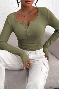 Long Sleeve Henley T Shirts Button Down Ribbed Knit Slim Fit Casual Basic Tops Blouse