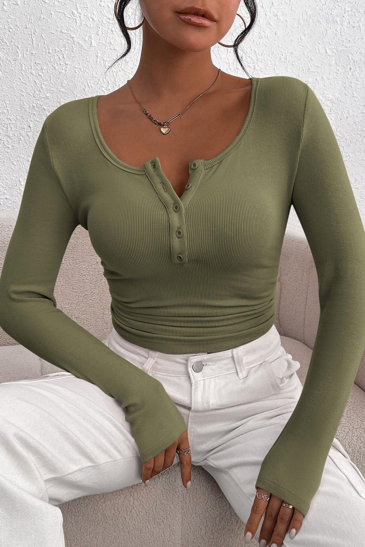 Long Sleeve Henley T Shirts Button Down Ribbed Knit Slim Fit Casual Basic Tops Blouse