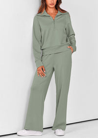 PRETTYGARDEN Women's 2 Piece Outfits Casual Lapel Half Zip Sweatshirts And Wide Leg Pants Tracksuit Sets