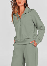 PRETTYGARDEN Women's 2 Piece Outfits Casual Lapel Half Zip Sweatshirts And Wide Leg Pants Tracksuit Sets