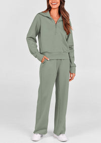 PRETTYGARDEN Women's 2 Piece Outfits Casual Lapel Half Zip Sweatshirts And Wide Leg Pants Tracksuit Sets