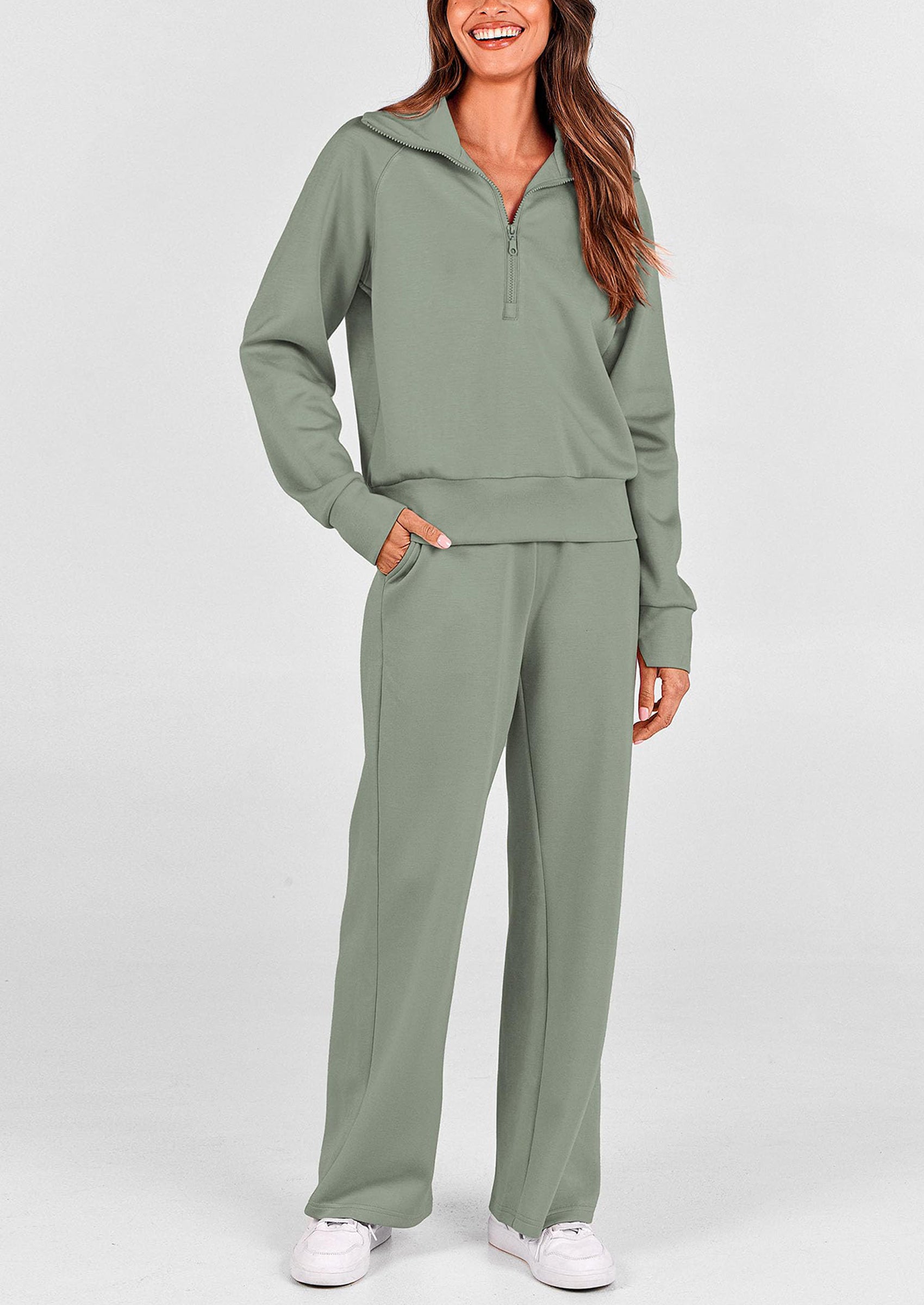 PRETTYGARDEN Women's 2 Piece Outfits Casual Lapel Half Zip Sweatshirts And Wide Leg Pants Tracksuit Sets