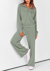 PRETTYGARDEN Women's 2 Piece Outfits Casual Lapel Half Zip Sweatshirts And Wide Leg Pants Tracksuit Sets