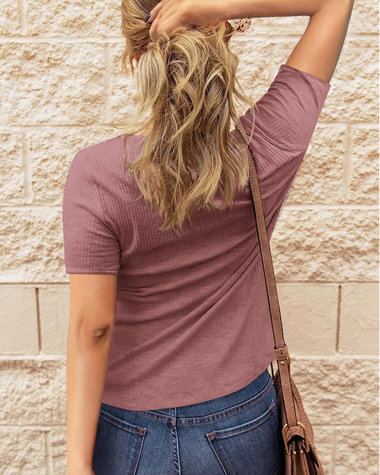 BTFBM Women Summer Henley Tunic Top V Neck Short Sleeve Button UP Solid Slim Fit Casual Ribbed Knit Shirt Blouses