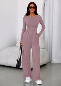 PRETTYGARDEN One Piece Jumpsuits for Women Dressy Casual Long Sleeve Crewneck Wide Leg Romper Overalls Spring Outfits