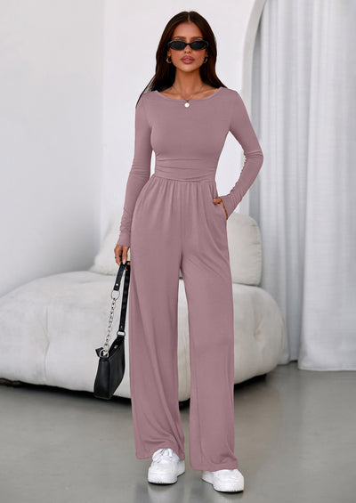PRETTYGARDEN One Piece Jumpsuits for Women Dressy Casual Long Sleeve Crewneck Wide Leg Romper Overalls Spring Outfits