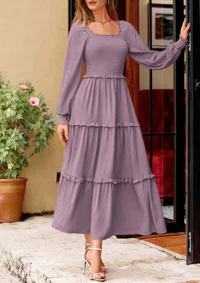 PRETTYGARDEN Women Fall Long Sleeve Smocked Maxi Dress Casual Square Neck Swiss Dot Tiered Ruffle Flowy Spring Pocket Dresses