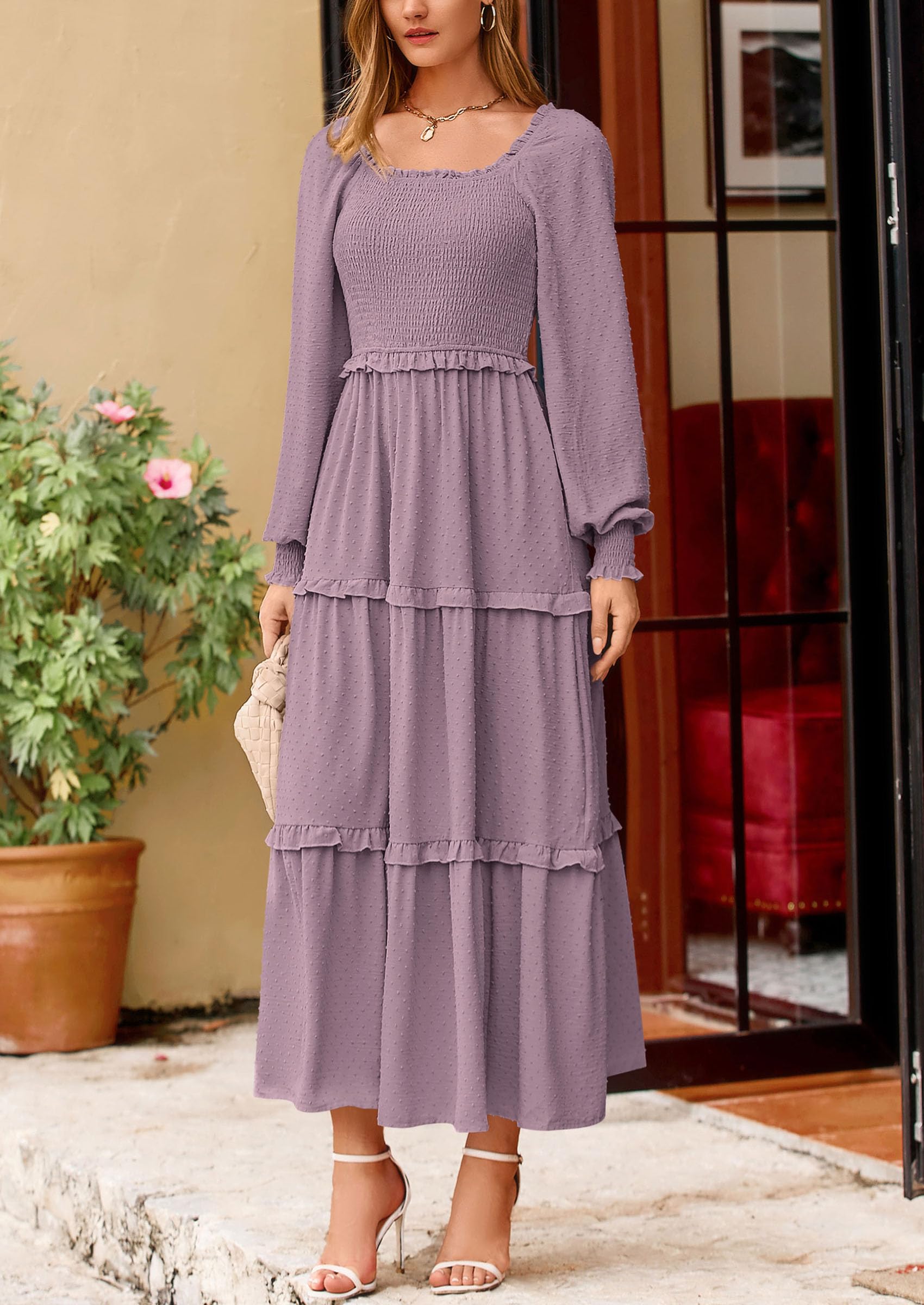 PRETTYGARDEN Women Fall Long Sleeve Smocked Maxi Dress Casual Square Neck Swiss Dot Tiered Ruffle Flowy Spring Pocket Dresses