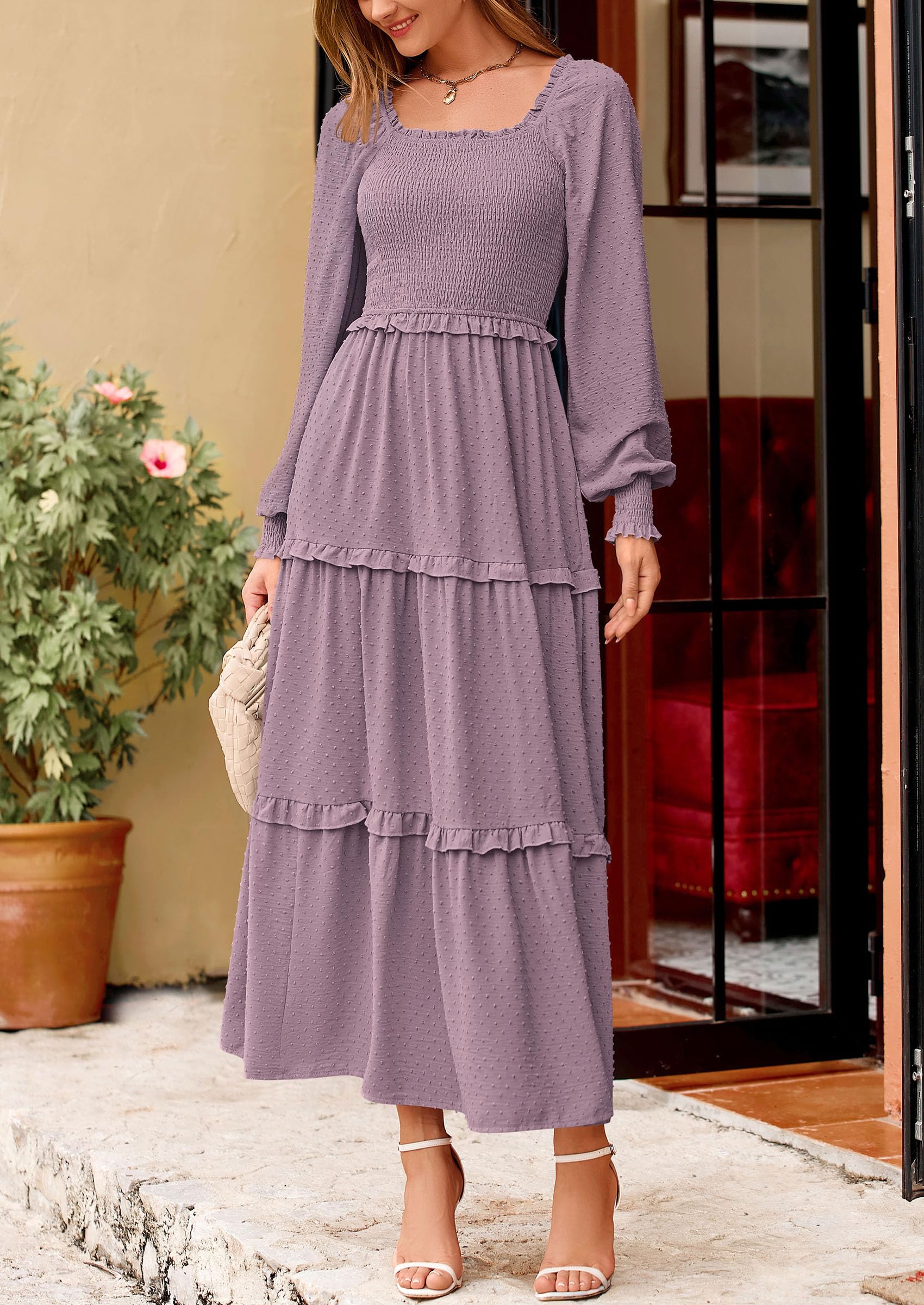 PRETTYGARDEN Women Fall Long Sleeve Smocked Maxi Dress Casual Square Neck Swiss Dot Tiered Ruffle Flowy Spring Pocket Dresses