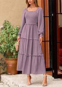 PRETTYGARDEN Women Fall Long Sleeve Smocked Maxi Dress Casual Square Neck Swiss Dot Tiered Ruffle Flowy Spring Pocket Dresses