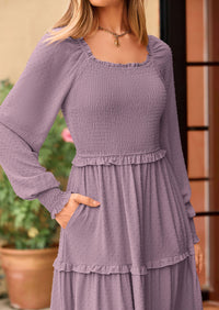 PRETTYGARDEN Women Fall Long Sleeve Smocked Maxi Dress Casual Square Neck Swiss Dot Tiered Ruffle Flowy Spring Pocket Dresses
