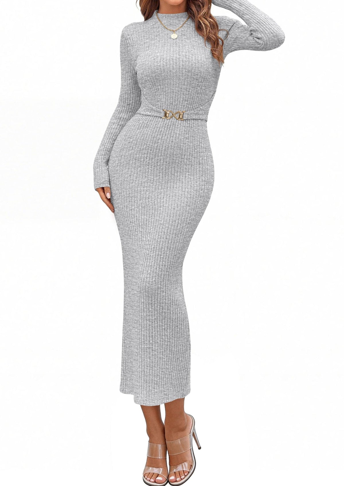 PRETTYGARDEN Women's Long Sleeve Bodycon Maxi Sweater Dress | Stretchy Rib Knit,Metal Buckle Waist,Back Slit,Work Cocktail Holiday Party Outfits,Fall Winter Winter Wedding Guest Dresses