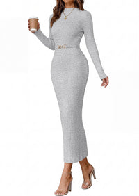 PRETTYGARDEN Women's Long Sleeve Bodycon Maxi Sweater Dress | Stretchy Rib Knit,Metal Buckle Waist,Back Slit,Work Cocktail Holiday Party Outfits,Fall Winter Winter Wedding Guest Dresses