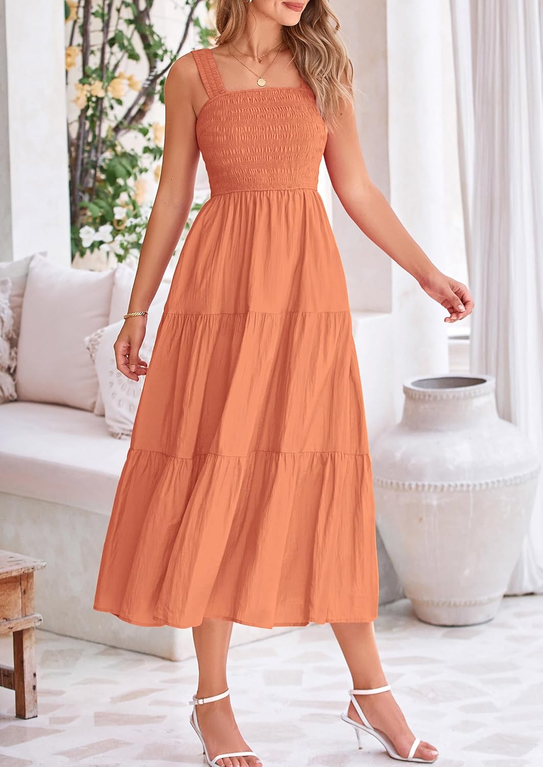 Womens Smocked Summer  Ruffle A Line Long Flowy Dresses Cute Sleeveless Beach Sundress Midi Dress