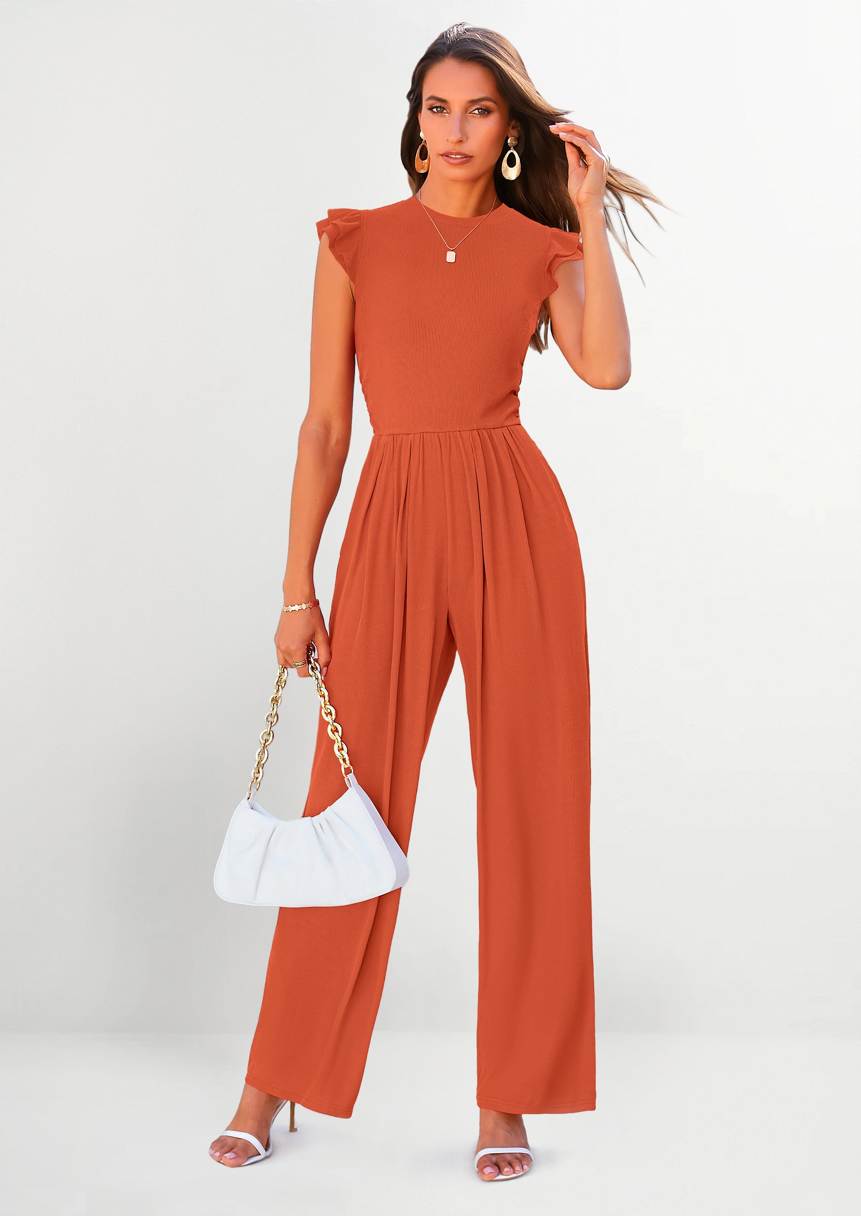 PRETTYGARDEN Casual Ruffle Cap Sleeves Romper Crew Neck Rib Knit One Piece Outfits