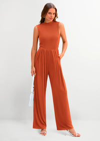 PRETTYGARDEN Womens Summer Jumpsuits Dressy Casual One Piece Outfits Sleeveless Mock Neck Wide Leg Pants Rompers with Pockets