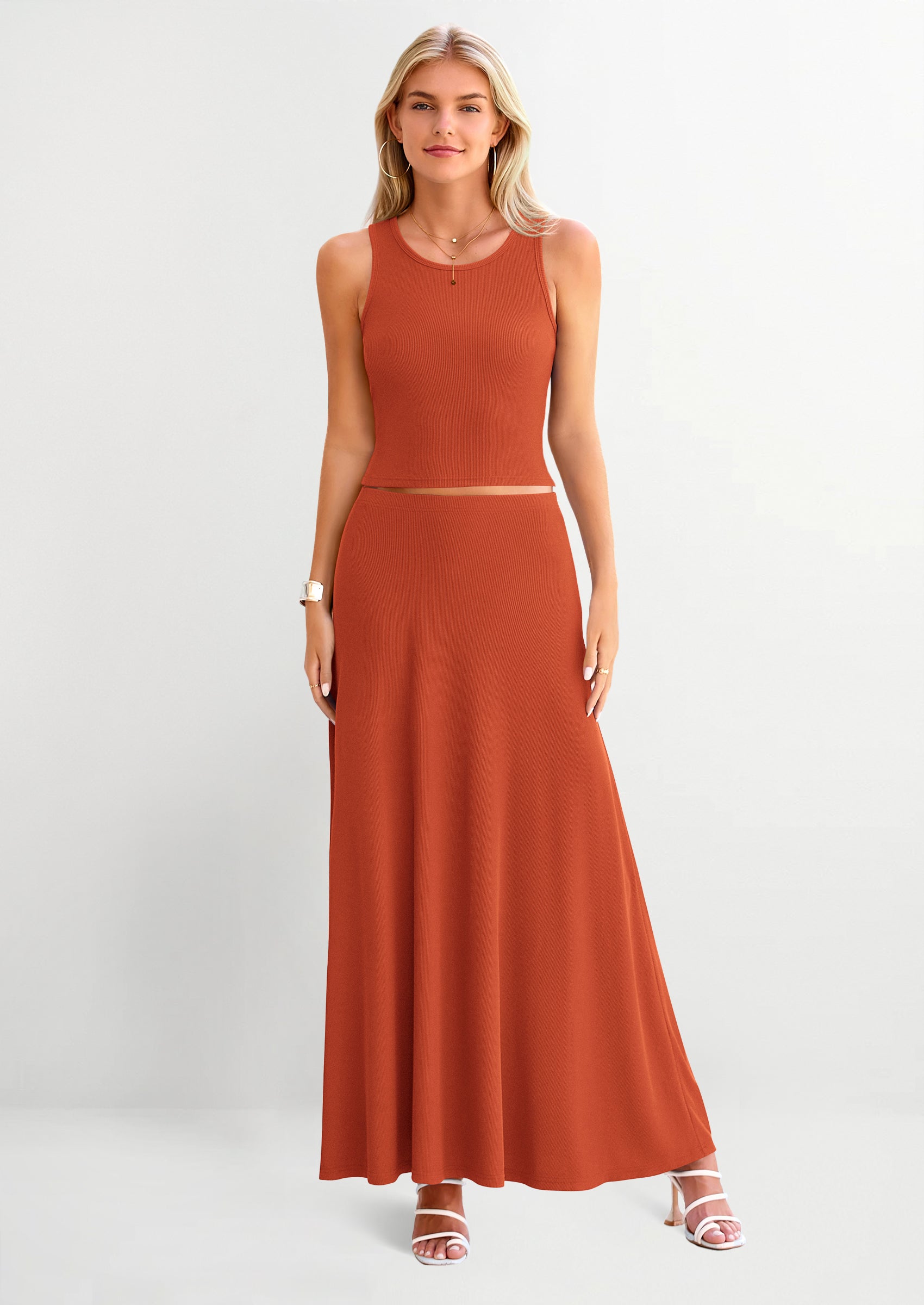 PRETTYGARDEN 2 Piece Maxi Skirt Sets Casual Knit Cropped Tank Top High Waisted Long Skirts Outfit