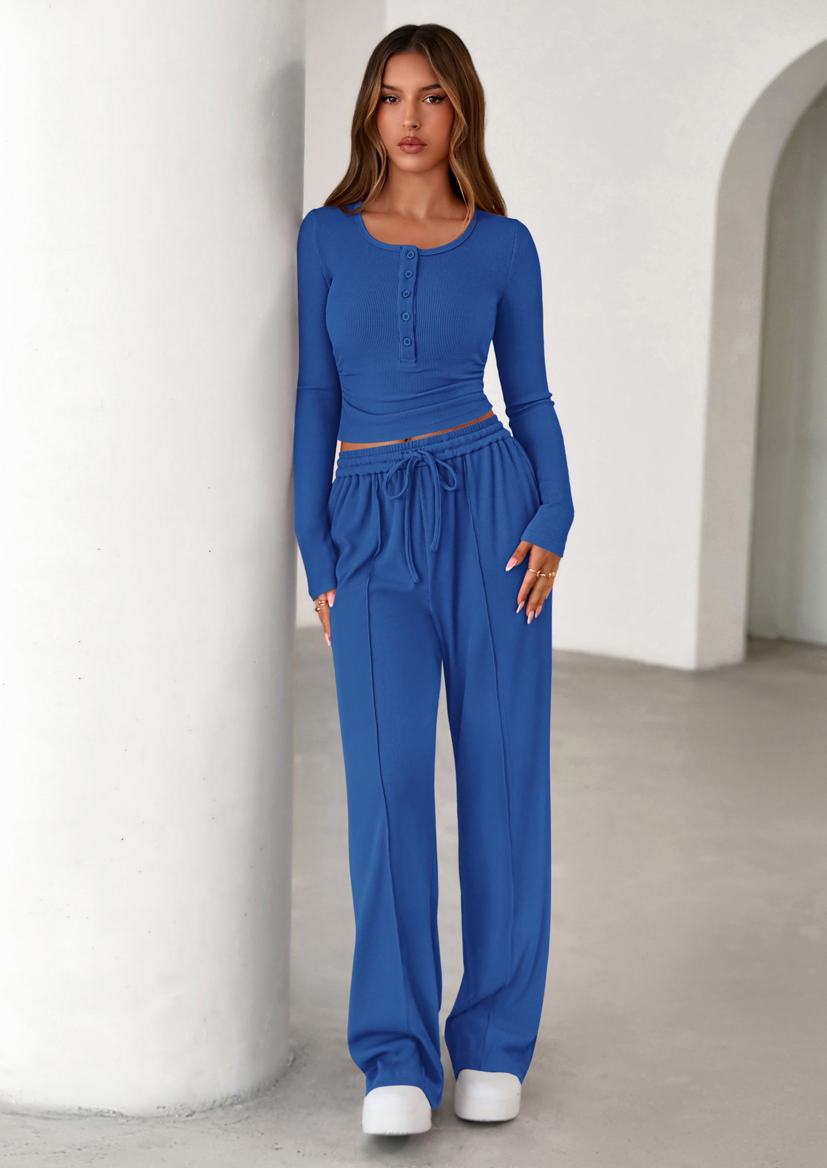 PRETTYGARDEN Women's Fall Trendy 2 Piece Outfits Lounge Sets Long Sleeve Top Henley Shirts Wide Leg Pants Travel Clothes