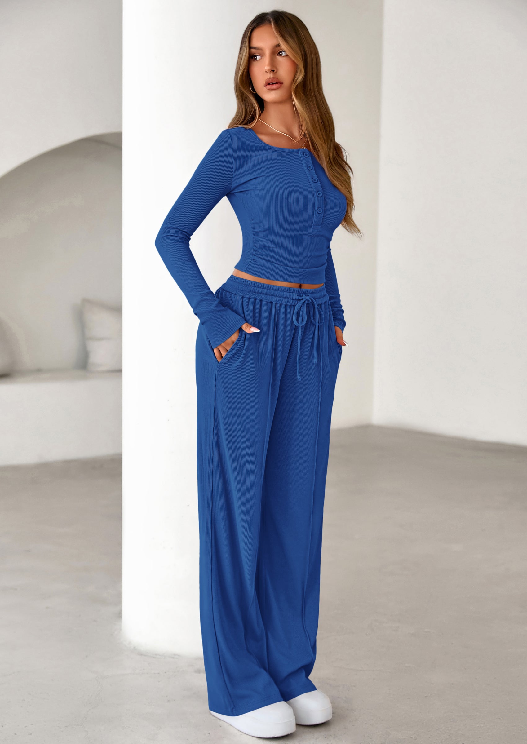 PRETTYGARDEN Women's Fall Trendy 2 Piece Outfits Lounge Sets Long Sleeve Top Henley Shirts Wide Leg Pants Travel Clothes