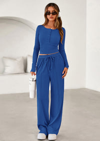 PRETTYGARDEN Women's Fall Trendy 2 Piece Outfits Lounge Sets Long Sleeve Top Henley Shirts Wide Leg Pants Travel Clothes