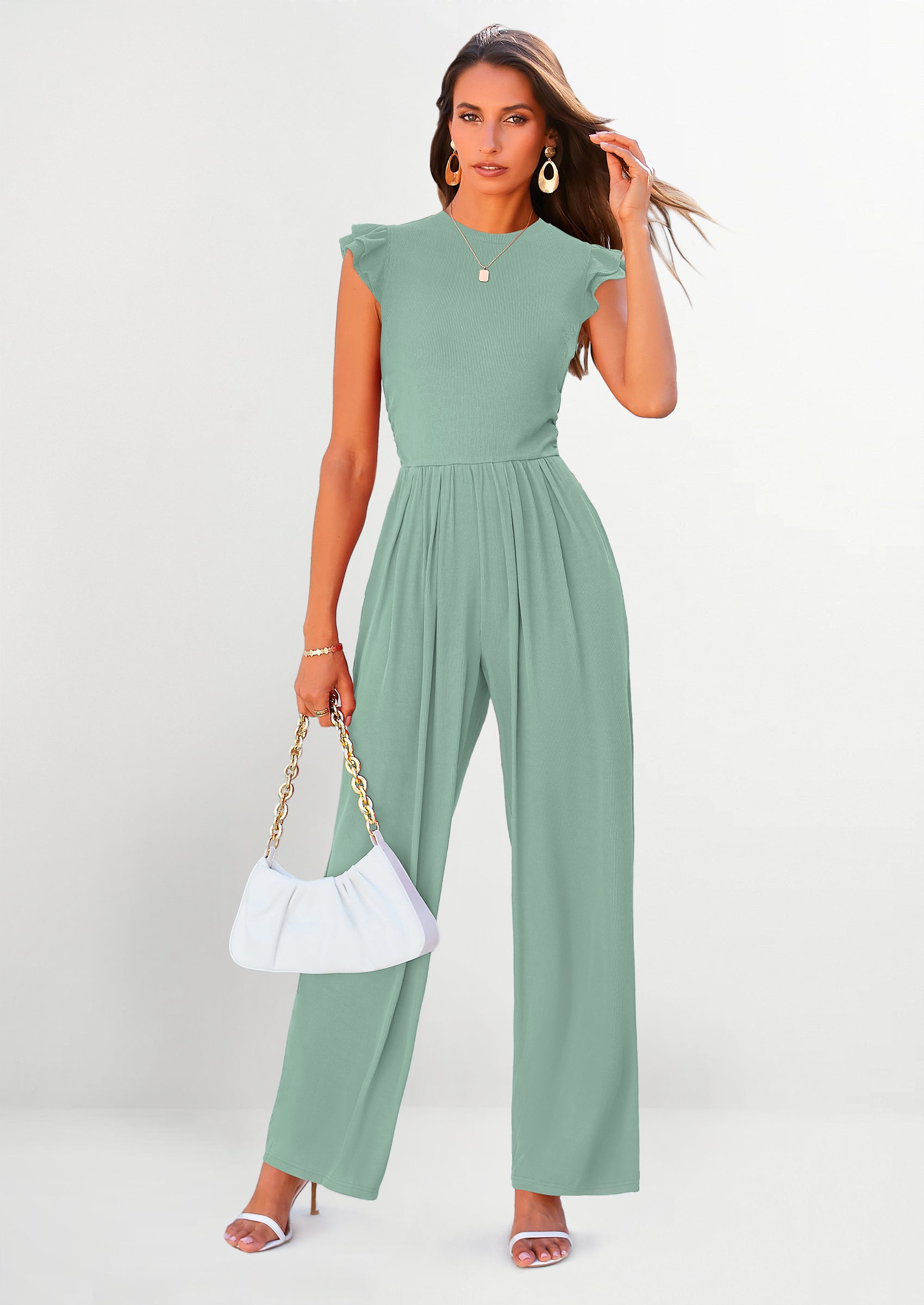 PRETTYGARDEN Casual Ruffle Cap Sleeves Romper Crew Neck Rib Knit One Piece Outfits