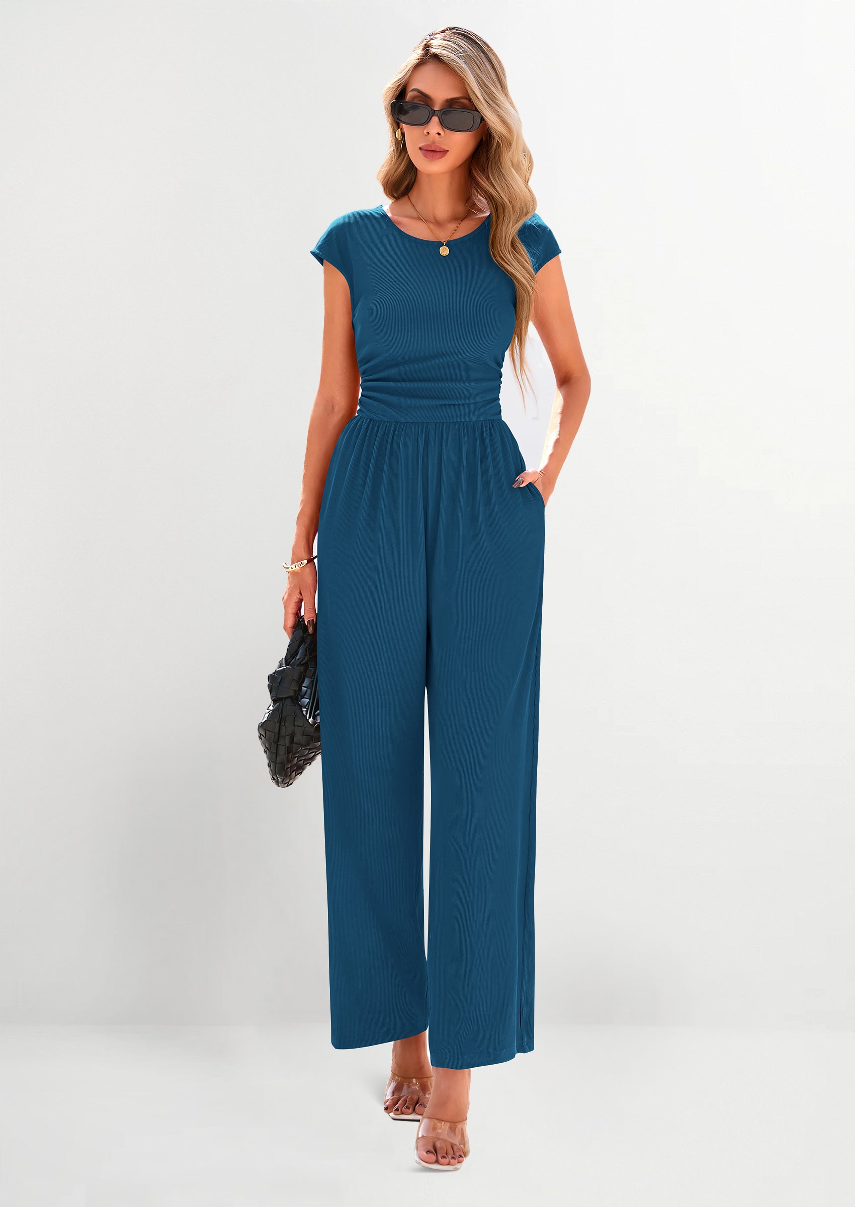 PRETTYGARDEN Summer Jumpsuits Ribbed Cap Sleeve Wide Leg Pants Women's Rompers Elegant Casual Trendy Vacation Outfits