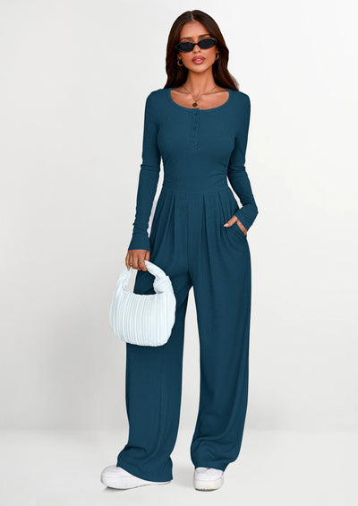 PRETTYGARDEN Jumpsuits for Women Dressy Casual Fall One Piece Outfits Long Sleeve Crew Neck Wide Leg Pants Rompers