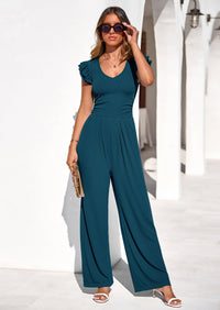 PRETTYGARDEN One Piece Jumpsuits For Women Dressy Ruffle Cap Sleeve V Neck Ribbed Knit Wide Leg Romper Spring Outfits PRETTYGARDEN