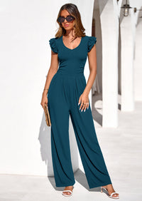 PRETTYGARDEN One Piece Jumpsuits For Women Dressy Ruffle Cap Sleeve V Neck Ribbed Knit Wide Leg Romper Spring Outfits PRETTYGARDEN