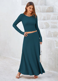 PRETTYGARDEN 2 Piece Casual Ribbed Knit Long Sleeve Crop Tops Maxi Flowy Skirts Matching Sets