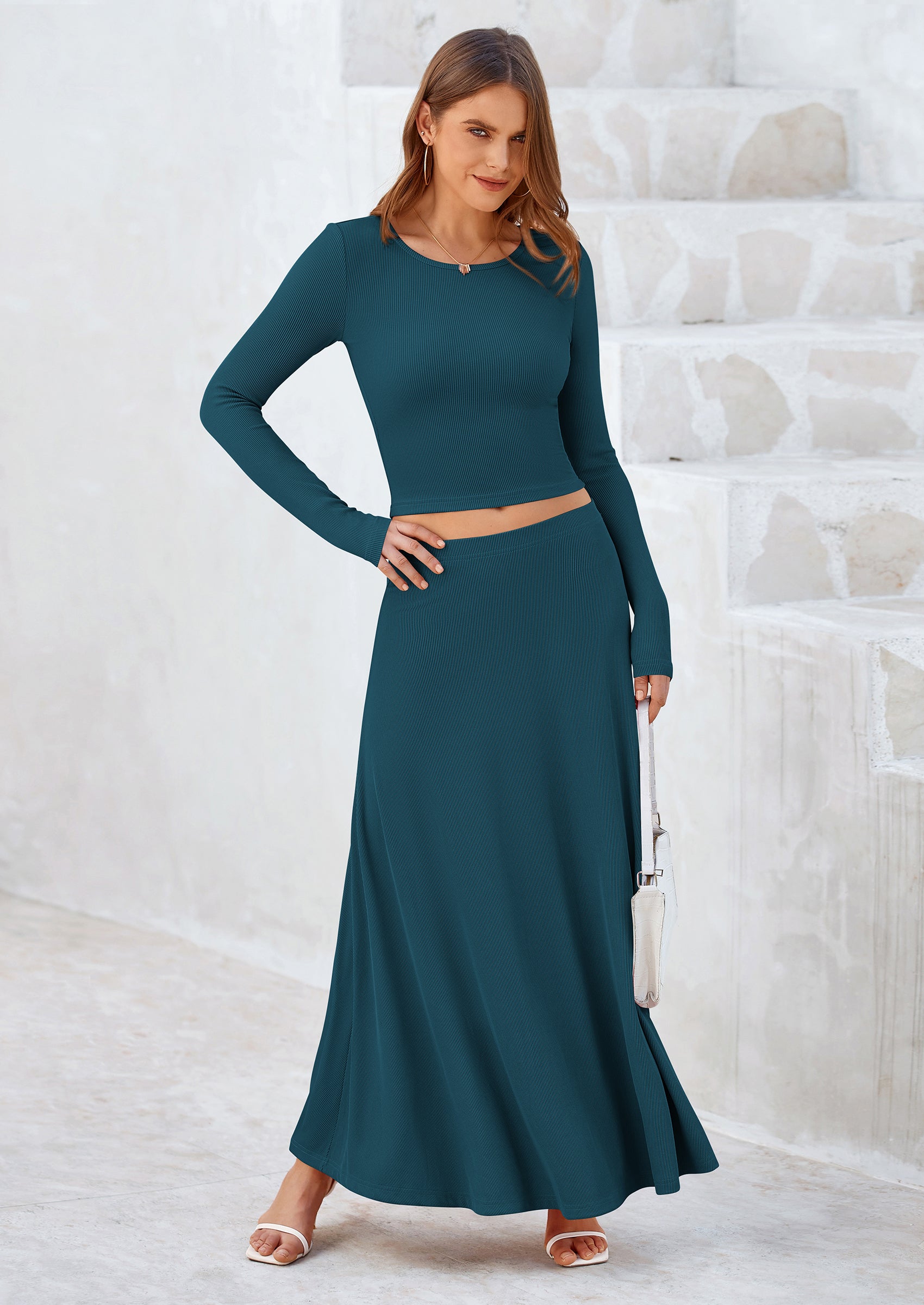 PRETTYGARDEN 2 Piece Casual Ribbed Knit Long Sleeve Crop Tops Maxi Flowy Skirts Matching Sets