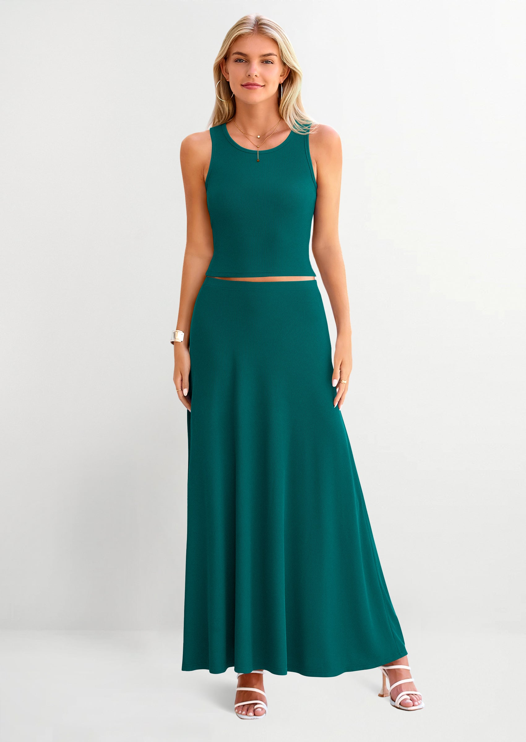 PRETTYGARDEN 2 Piece Maxi Skirt Sets Casual Knit Cropped Tank Top High Waisted Long Skirts Outfit