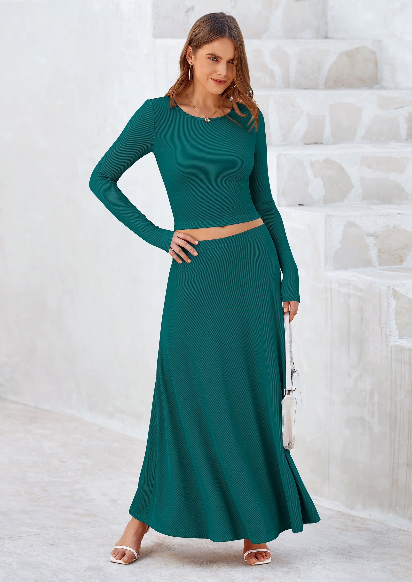 PRETTYGARDEN 2 Piece Casual Ribbed Knit Long Sleeve Crop Tops Maxi Flowy Skirts Matching Sets