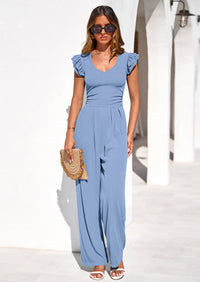 PRETTYGARDEN One Piece Jumpsuits For Women Dressy Ruffle Cap Sleeve V Neck Ribbed Knit Wide Leg Romper Spring Outfits PRETTYGARDEN