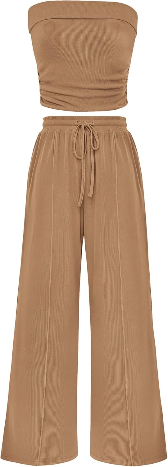 PRETTYGARDEN 2 Piece Sets Casual Ribbed Knit Crop Tube Top Wide Leg Pants Lounge Set