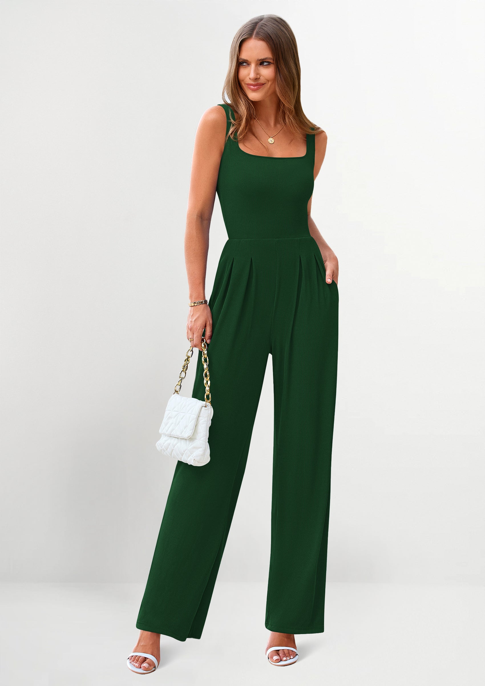 PRETTYGARDEN Sleeveless Dressy Square Neck Wide Leg Pants Knitted Rompers with Pockets